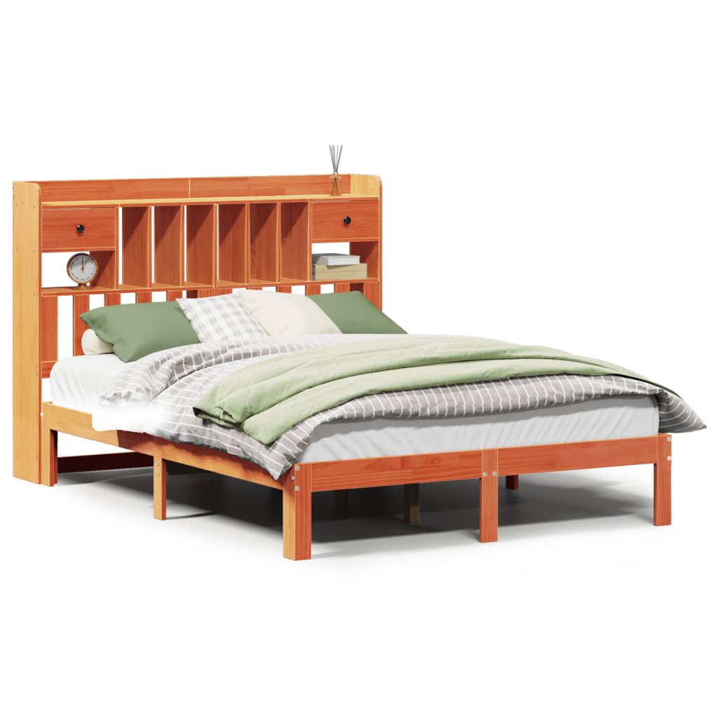 Lit bibliothèque sans matelas cire marron 135x190 cm pin massif - XIOS
