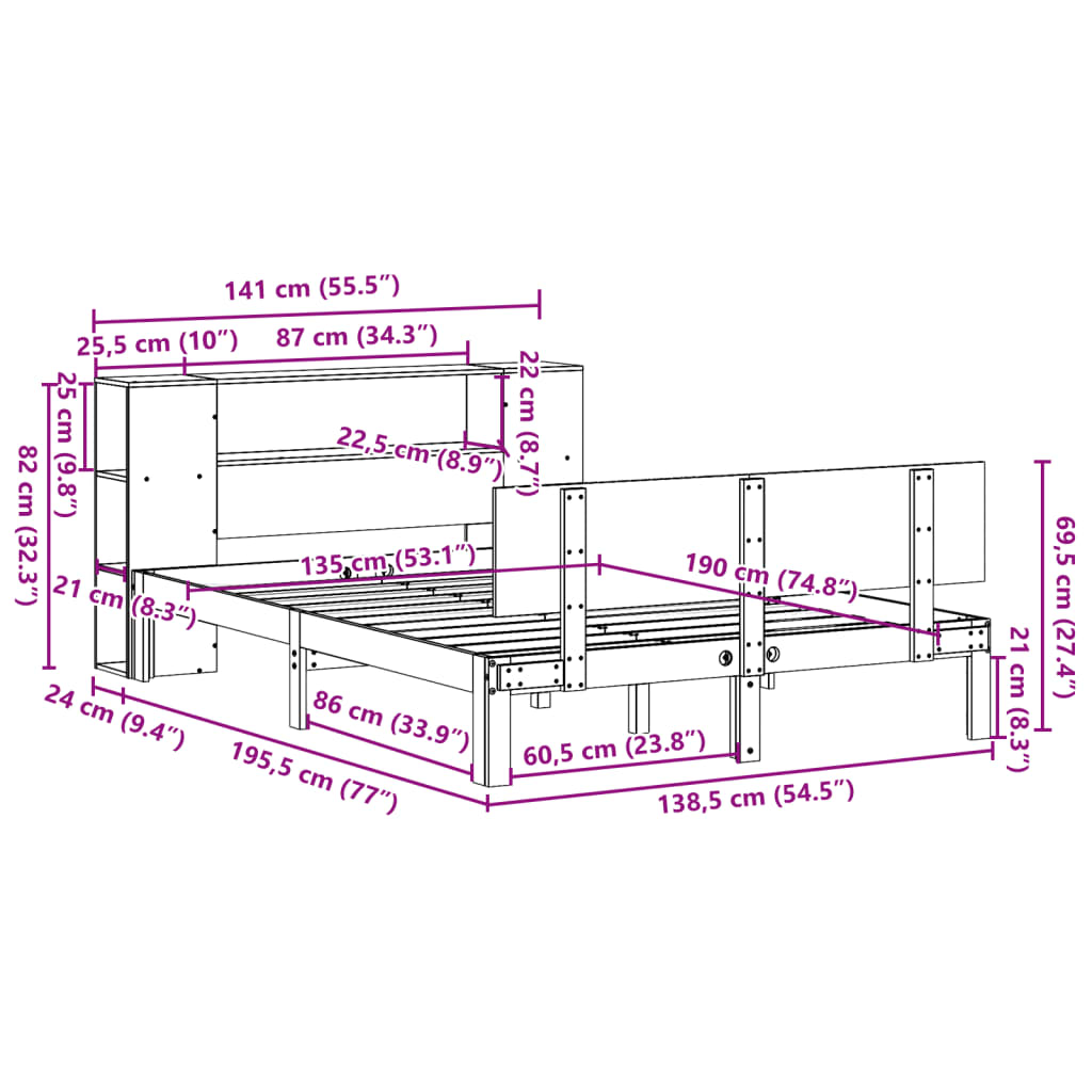 Lit bibliothèque sans matelas blanc 135x190 cm bois pin massif