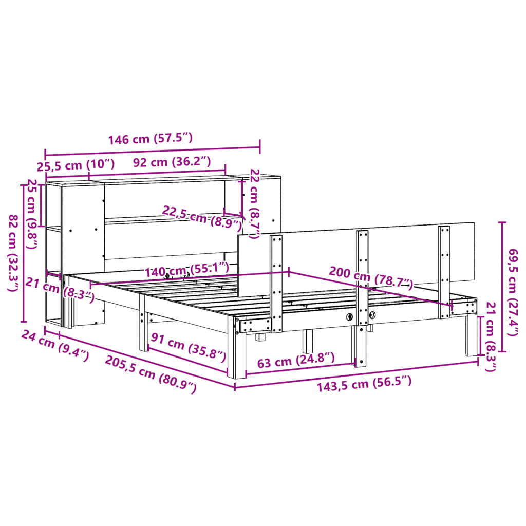 Lit bibliothèque sans matelas blanc 140x200 cm bois pin massif - XIOS
