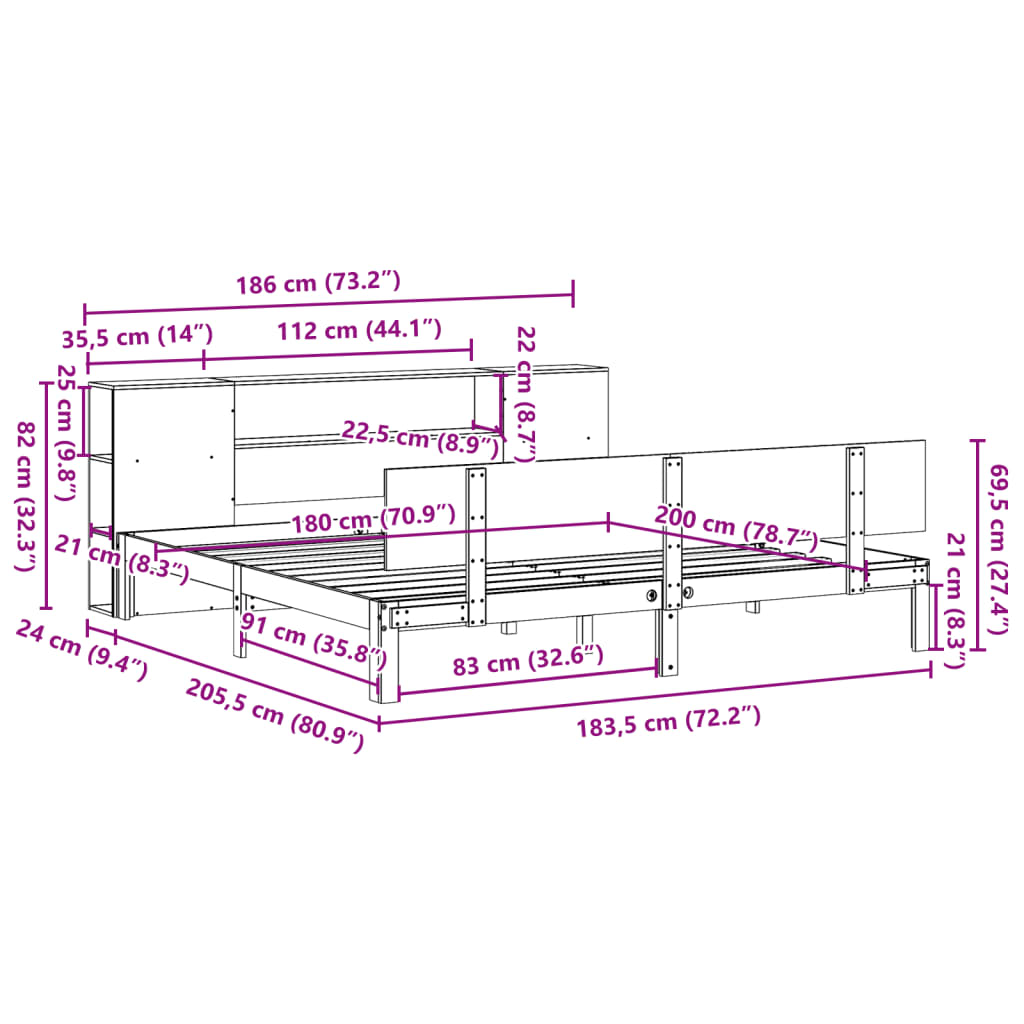 Lit bibliothèque sans matelas blanc 180x200 cm bois pin massif - XIOS