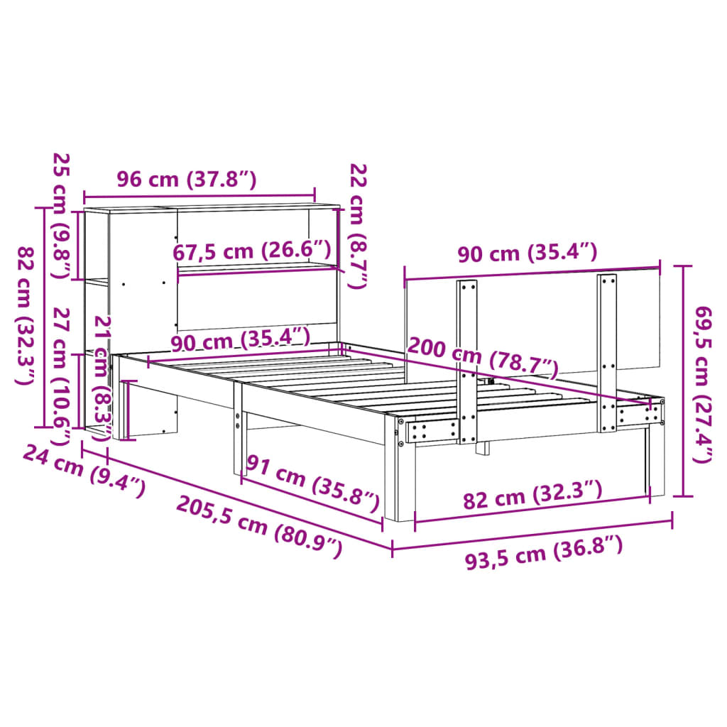 Lit bibliothèque sans matelas blanc 90x200cm bois de pin massif - XIOS