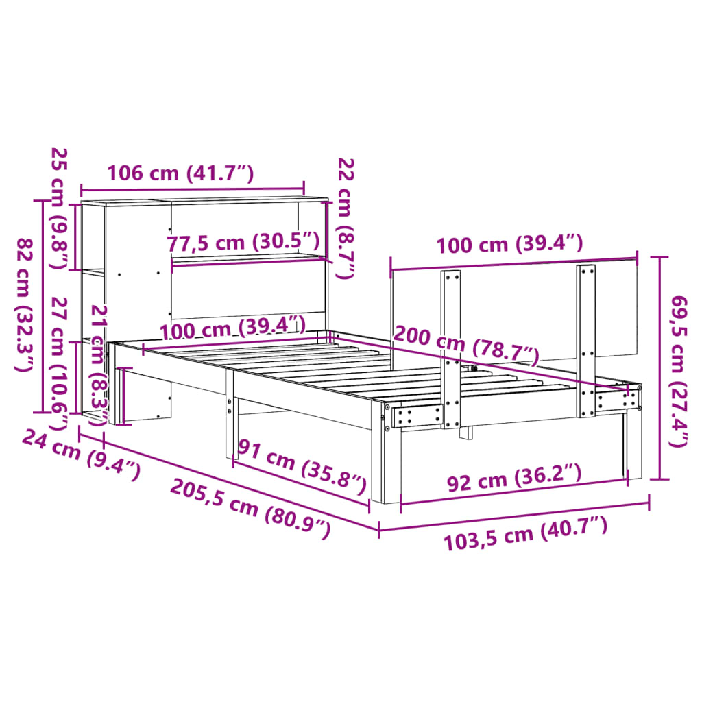 Lit bibliothèque sans matelas 100x200 cm bois massif de pin - XIOS