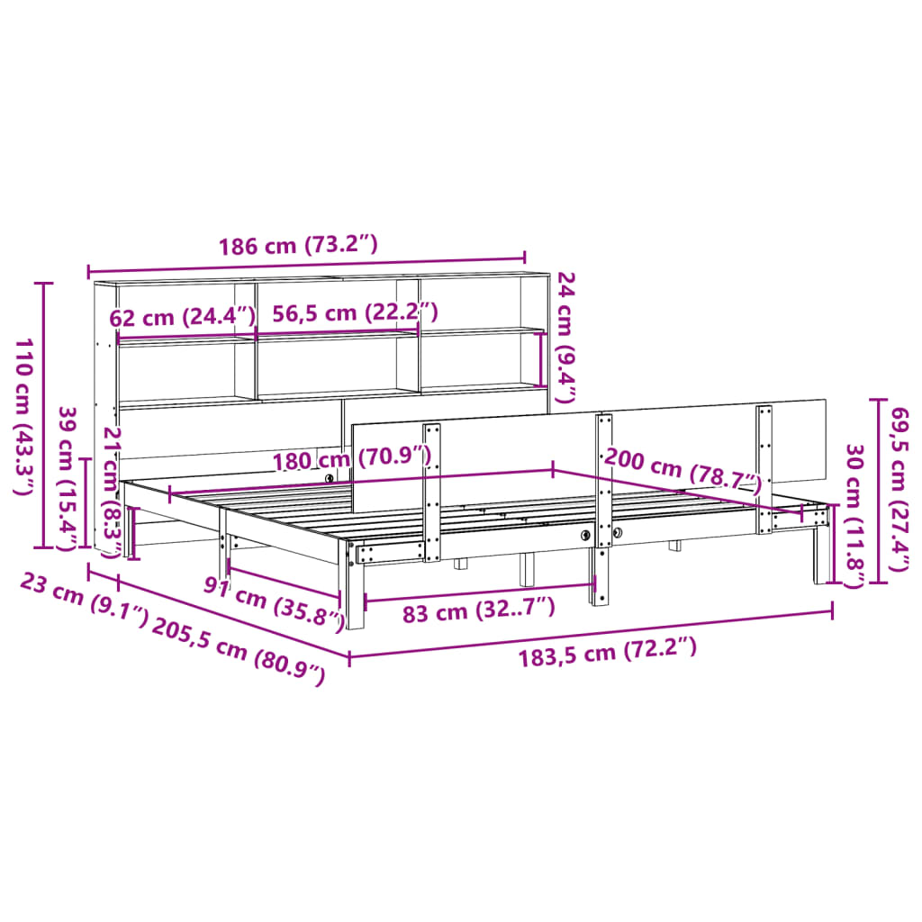 Lit bibliothèque sans matelas blanc 180x200 cm bois pin massif