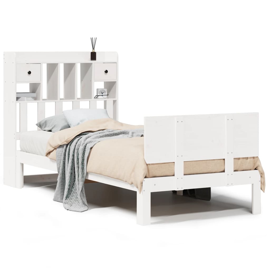 Lit bibliothèque sans matelas blanc 90x190cm bois de pin massif - XIOS