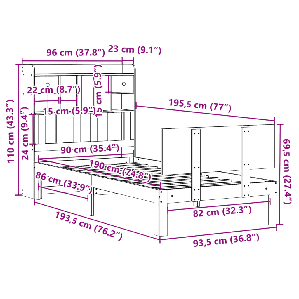 Lit bibliothèque sans matelas blanc 90x190cm bois de pin massif - XIOS