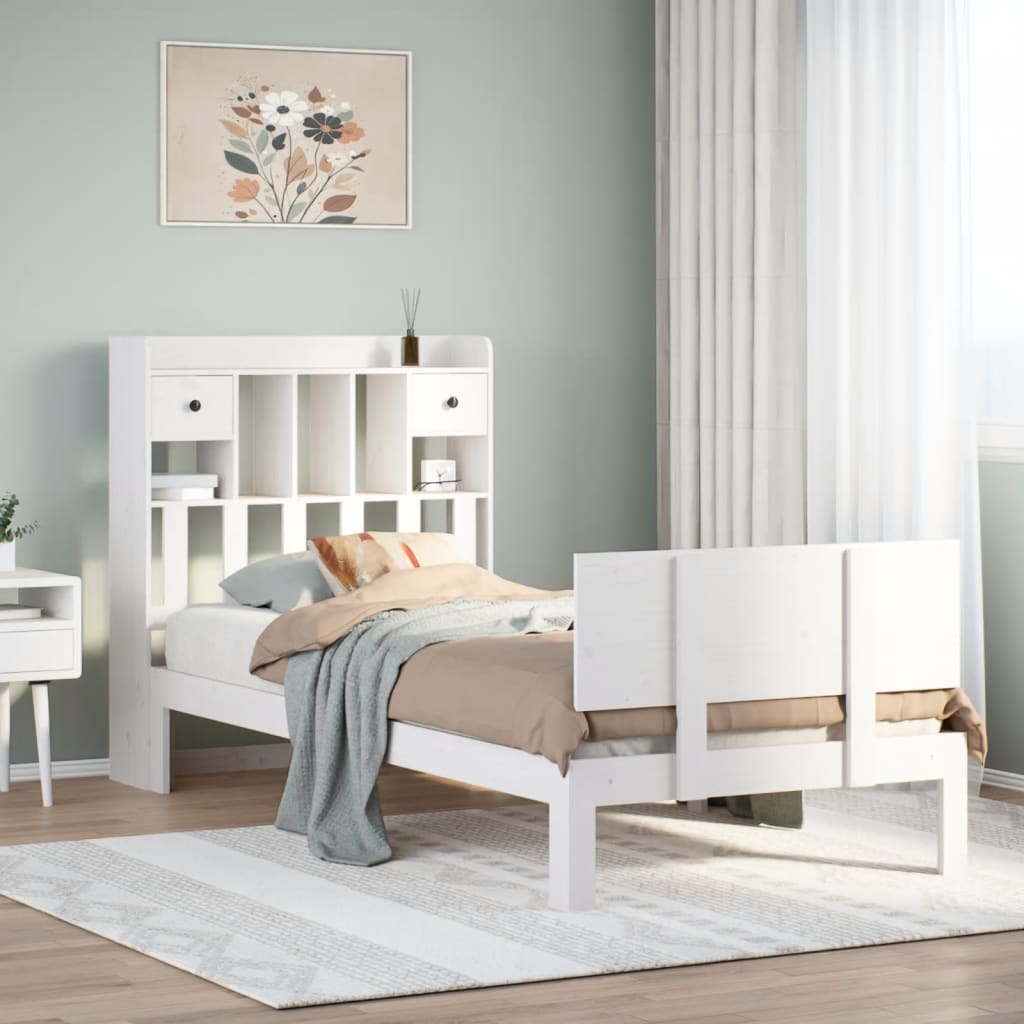 Lit bibliothèque sans matelas blanc 90x190cm bois de pin massif - XIOS