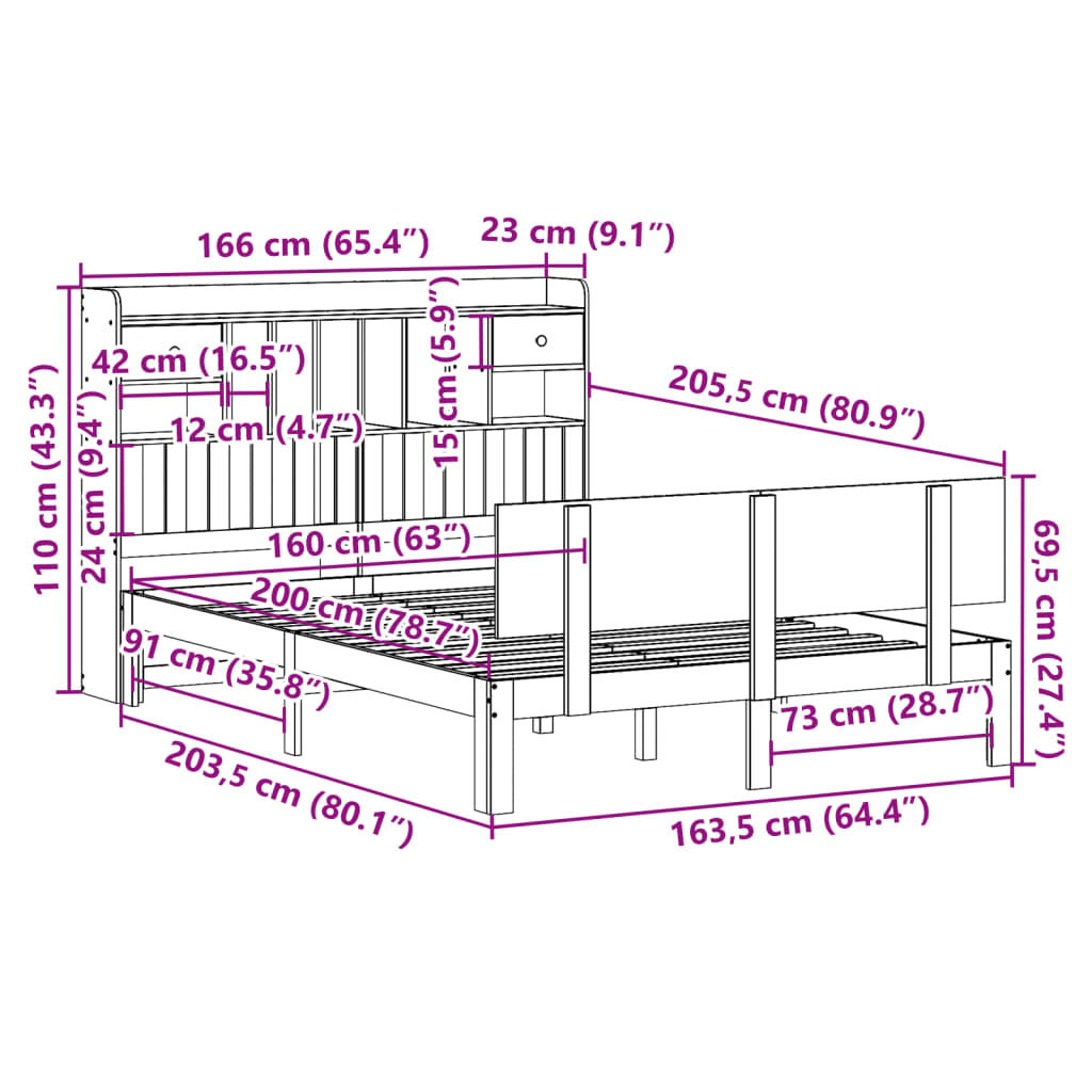 Lit bibliothèque sans matelas blanc 160x200 cm bois pin massif