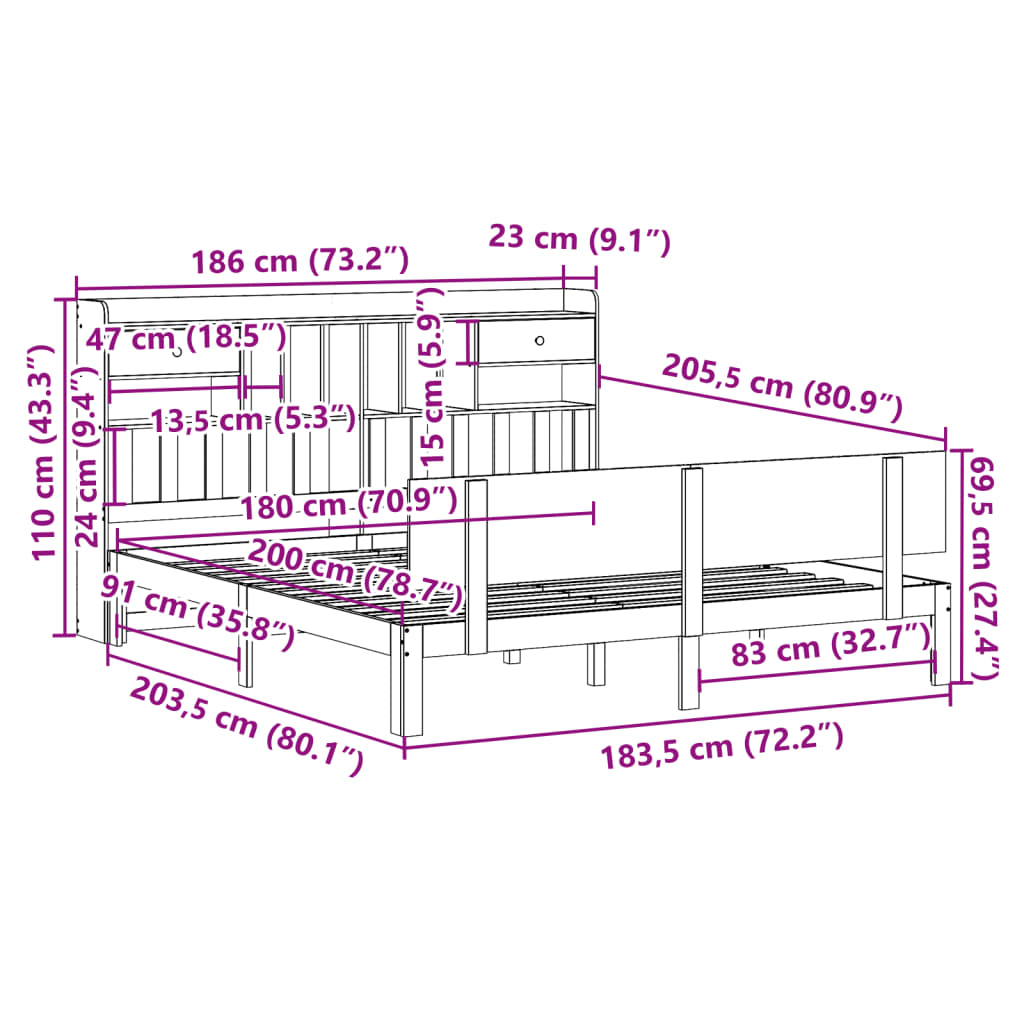 Lit bibliothèque sans matelas blanc 180x200 cm bois pin massif - XIOS