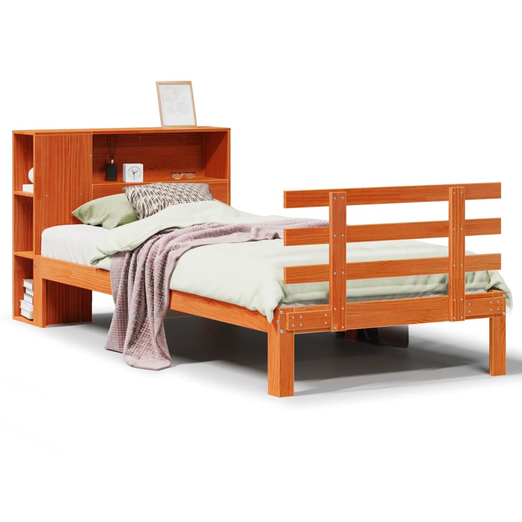 Lit bibliothèque sans matelas cire marron 100x200 cm pin massif - XIOS
