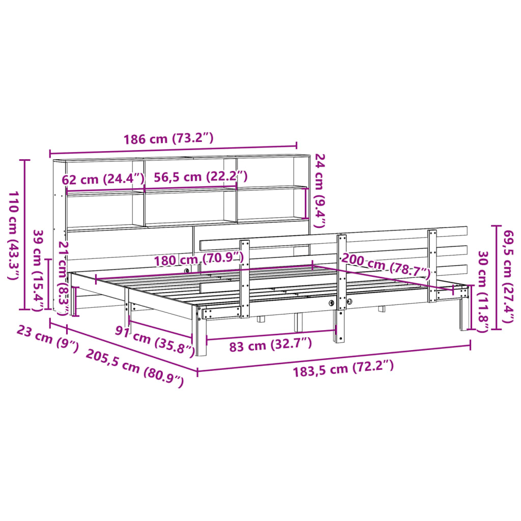 Lit bibliothèque sans matelas blanc 180x200 cm bois pin massif - XIOS