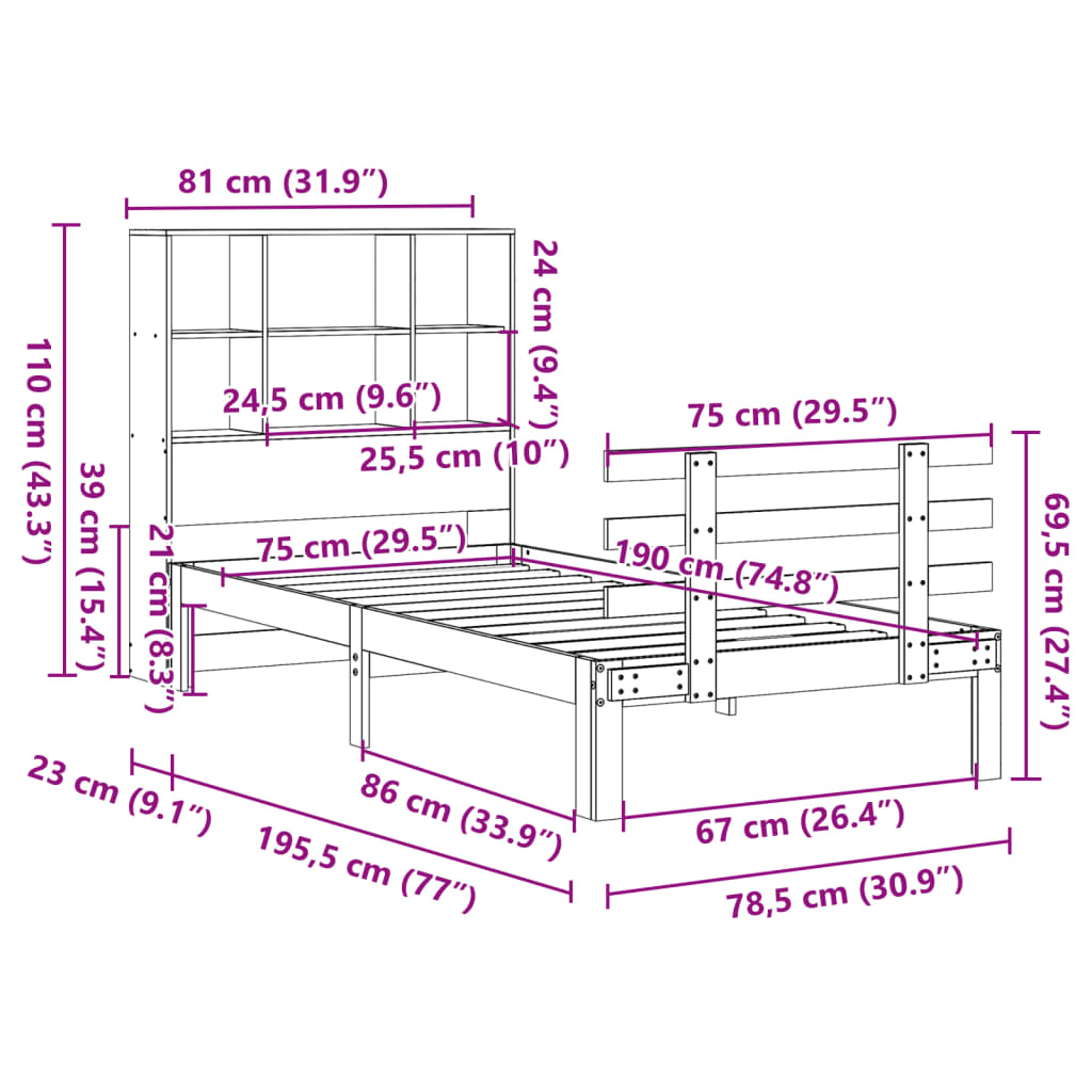 Lit bibliothèque sans matelas cire marron 75x190 cm pin massif - XIOS