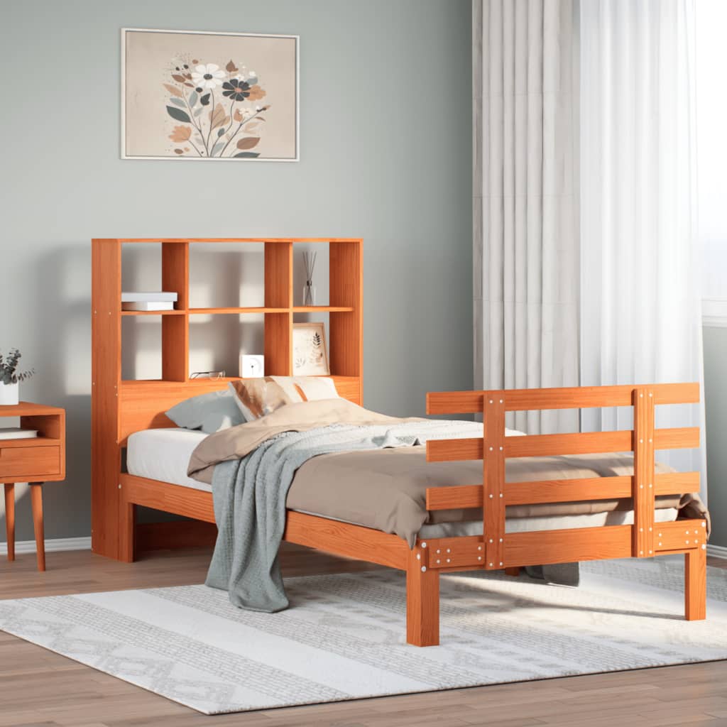 Lit bibliothèque sans matelas cire marron 75x190 cm pin massif - XIOS
