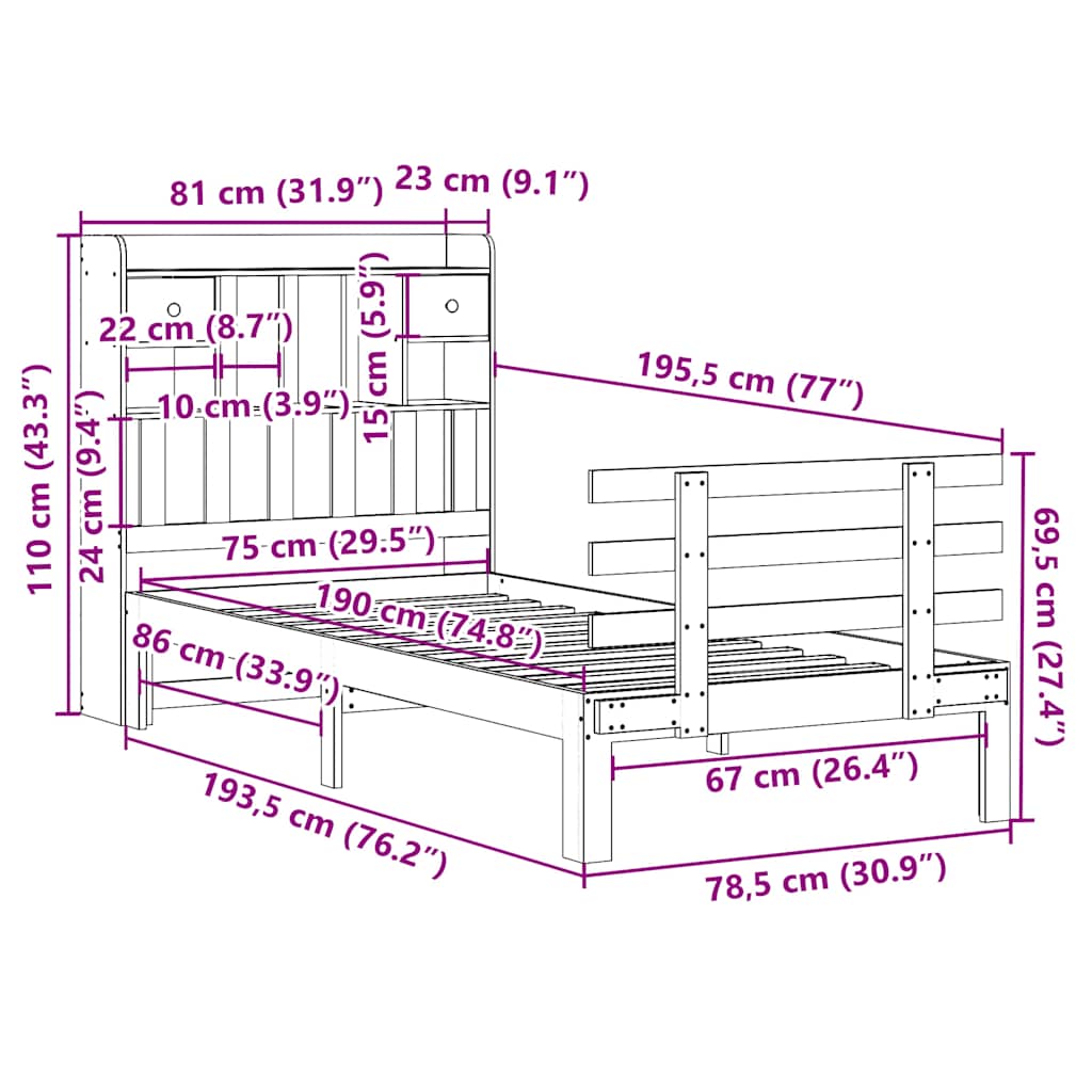 Lit bibliothèque sans matelas 75x190 cm bois de pin massif - XIOS