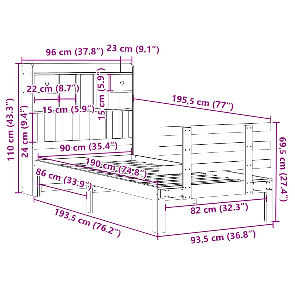 Lit bibliothèque sans matelas 90x190 cm bois de pin massif - XIOS