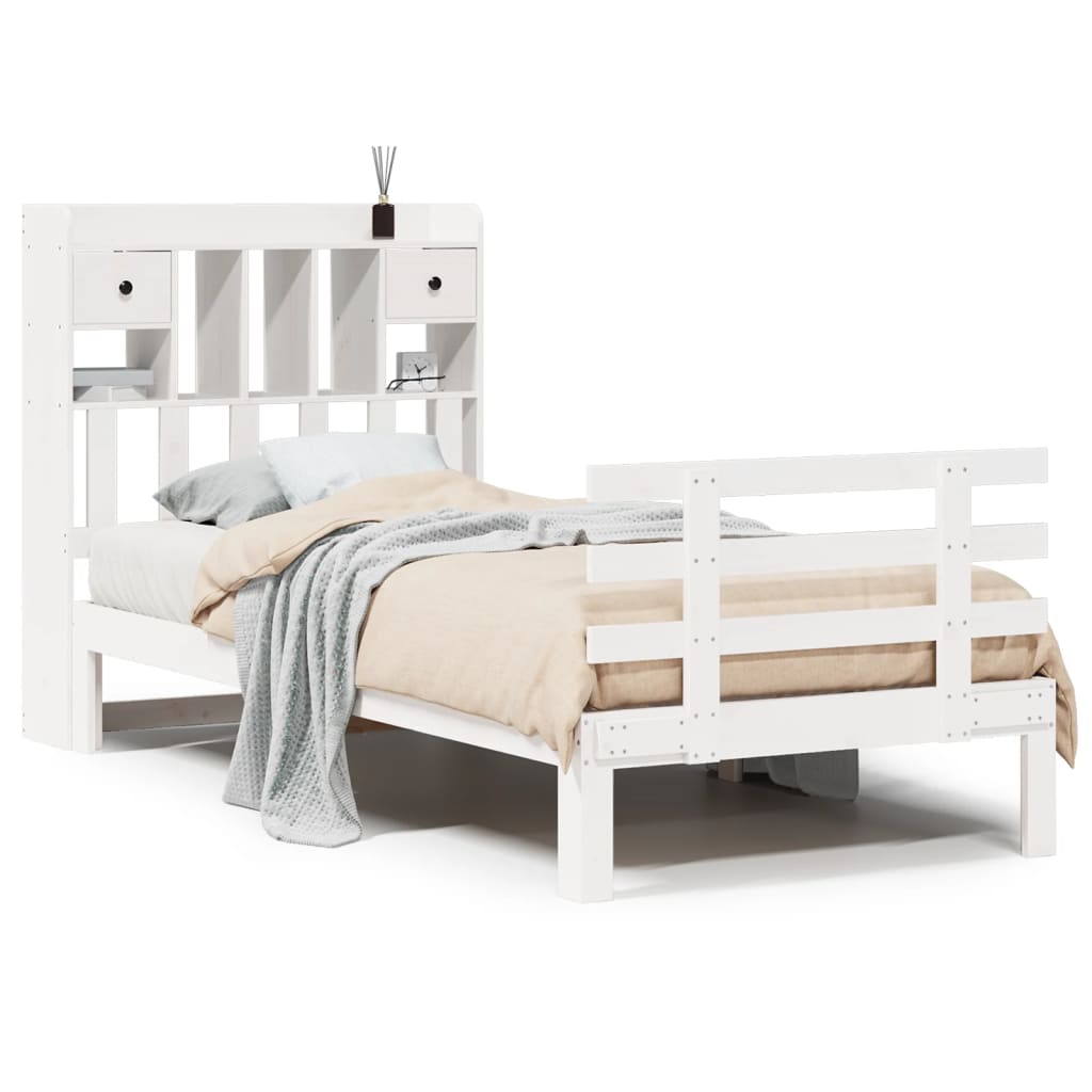 Lit bibliothèque sans matelas blanc 90x190cm bois de pin massif - XIOS