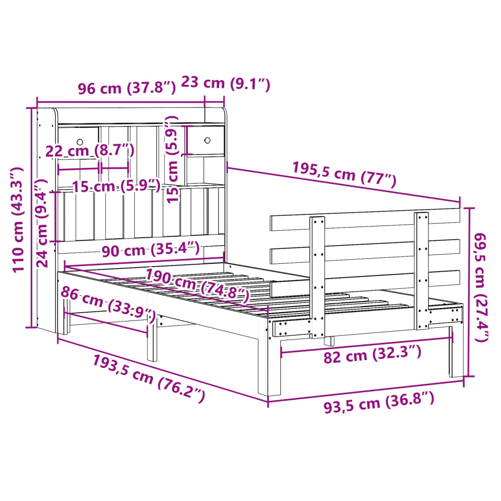 Lit bibliothèque sans matelas blanc 90x190cm bois de pin massif - XIOS