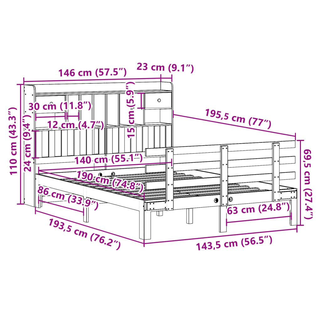 Lit bibliothèque sans matelas 140x190 cm bois de pin massif - XIOS