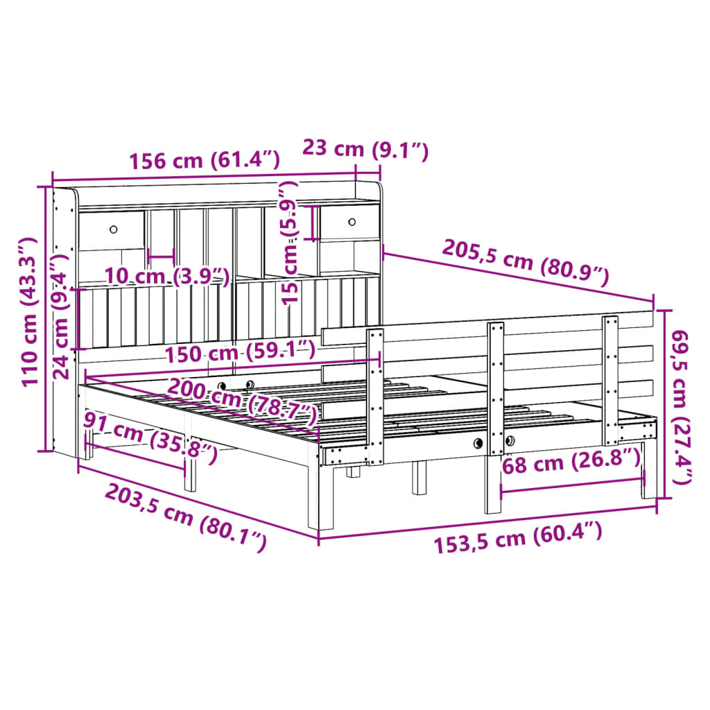 Lit bibliothèque sans matelas blanc 150x200 cm bois pin massif - XIOS