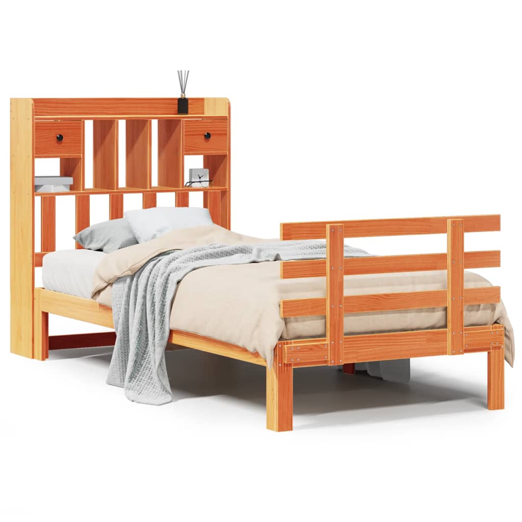 Lit bibliothèque sans matelas cire marron 75x190 cm pin massif - XIOS