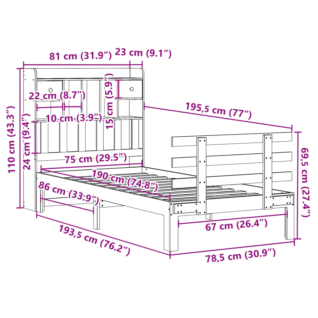 Lit bibliothèque sans matelas cire marron 75x190 cm pin massif - XIOS