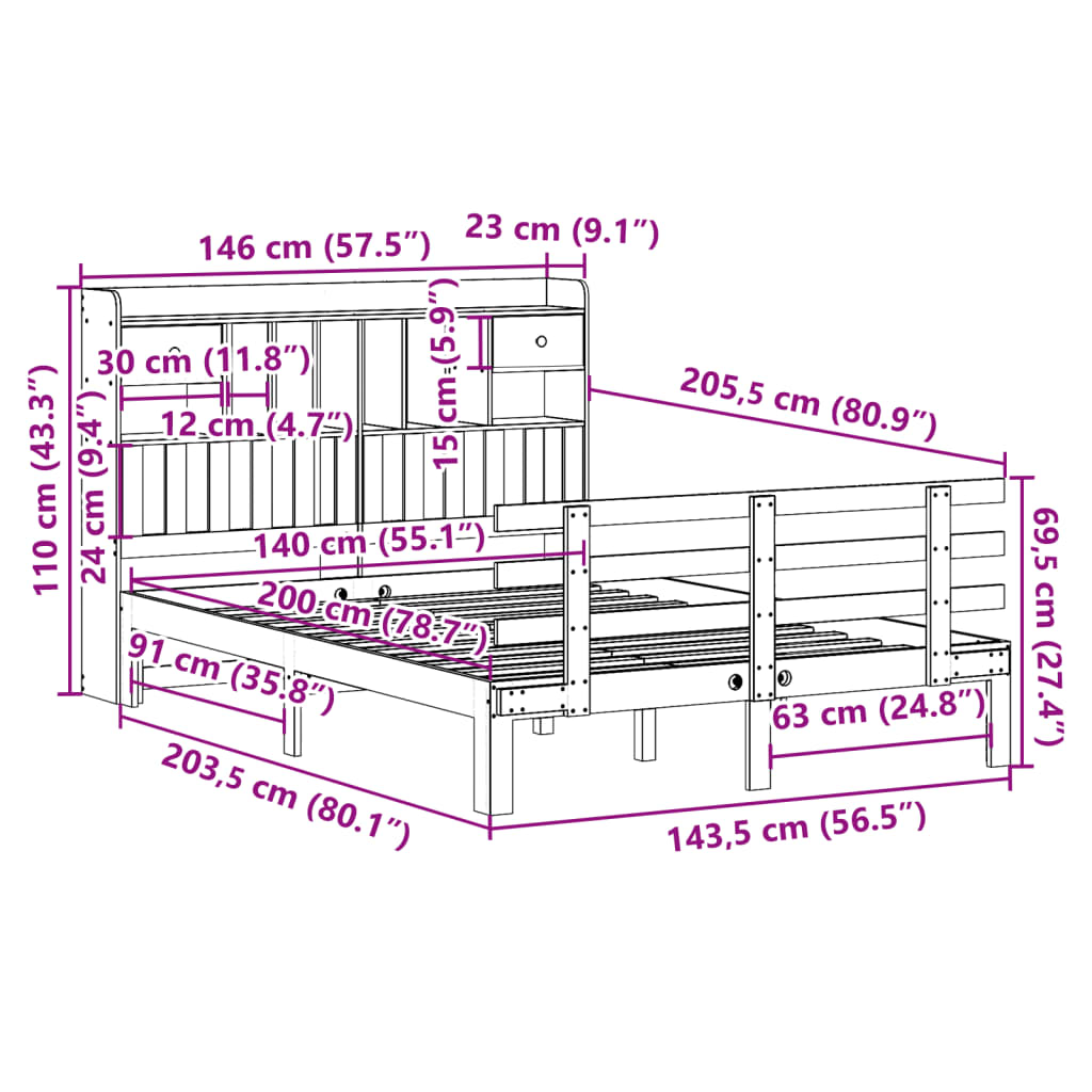 Lit bibliothèque sans matelas cire marron 140x200 cm pin massif - XIOS