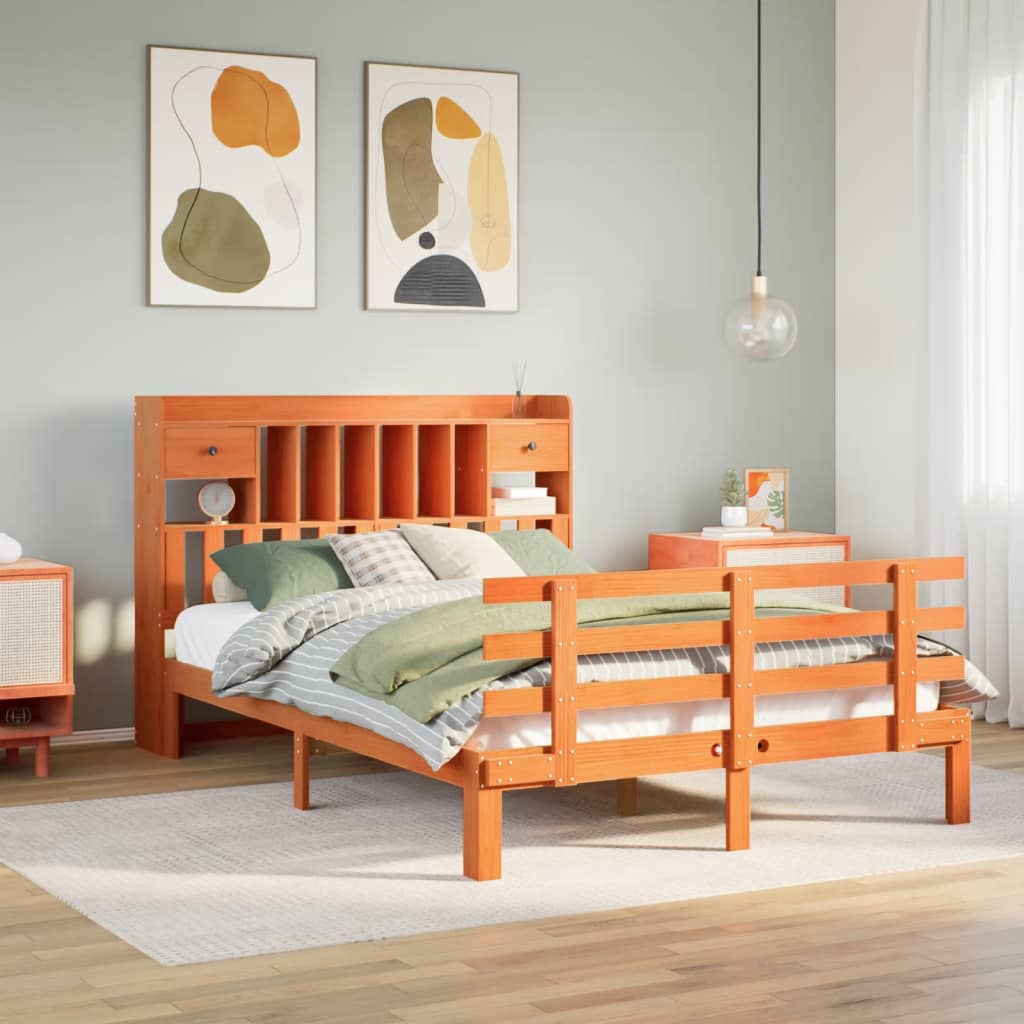 Lit bibliothèque sans matelas cire marron 140x200 cm pin massif - XIOS