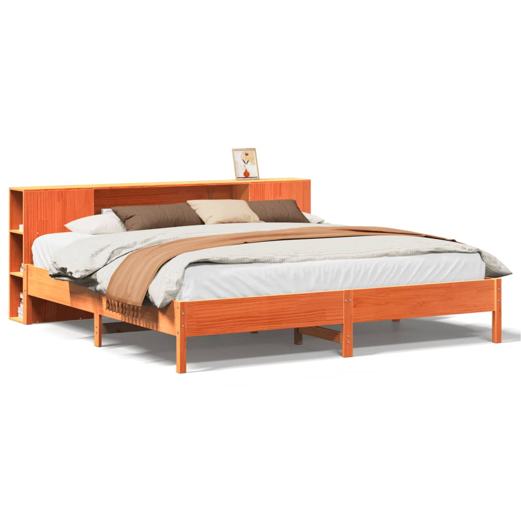 Lit bibliothèque sans matelas cire marron 200x200 cm pin massif - XIOS