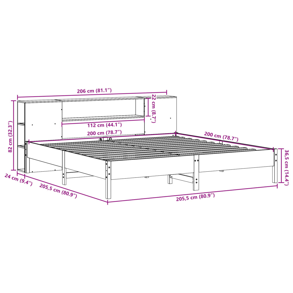 Lit bibliothèque sans matelas cire marron 200x200 cm pin massif - XIOS