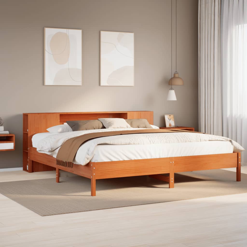 Lit bibliothèque sans matelas cire marron 200x200 cm pin massif - XIOS