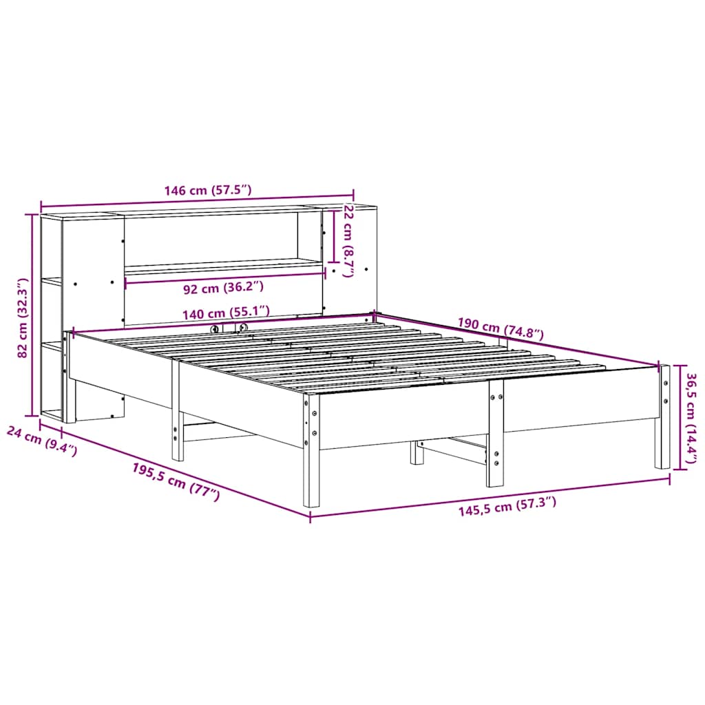 Lit bibliothèque sans matelas cire marron 140x190 cm pin massif - XIOS