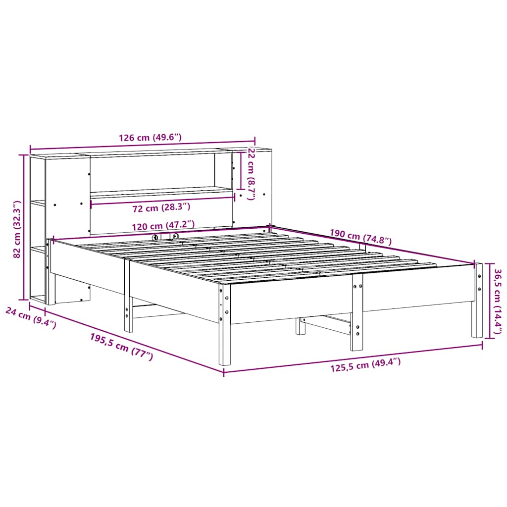 Lit bibliothèque sans matelas blanc 120x190 cm bois pin massif - XIOS