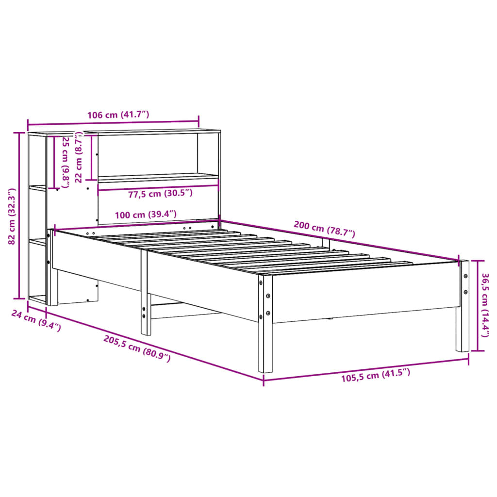 Lit bibliothèque sans matelas cire marron 100x200 cm pin massif - XIOS