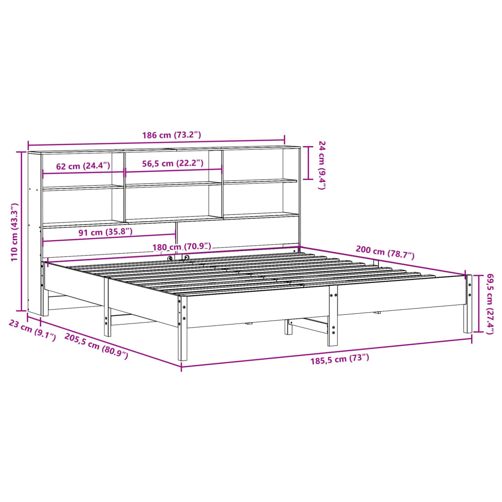 Lit bibliothèque sans matelas blanc 180x200 cm bois pin massif - XIOS