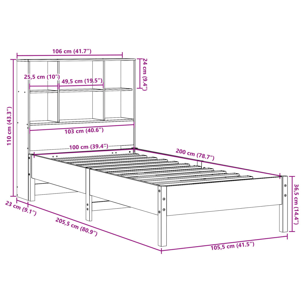 Lit bibliothèque sans matelas cire marron 100x200 cm pin massif - XIOS