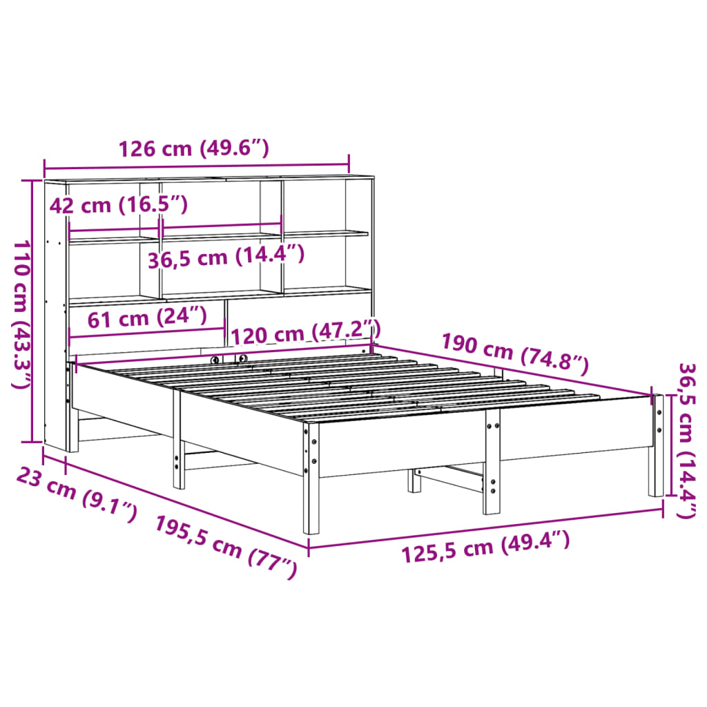 Lit bibliothèque sans matelas cire marron 120x190cm pin massif - XIOS