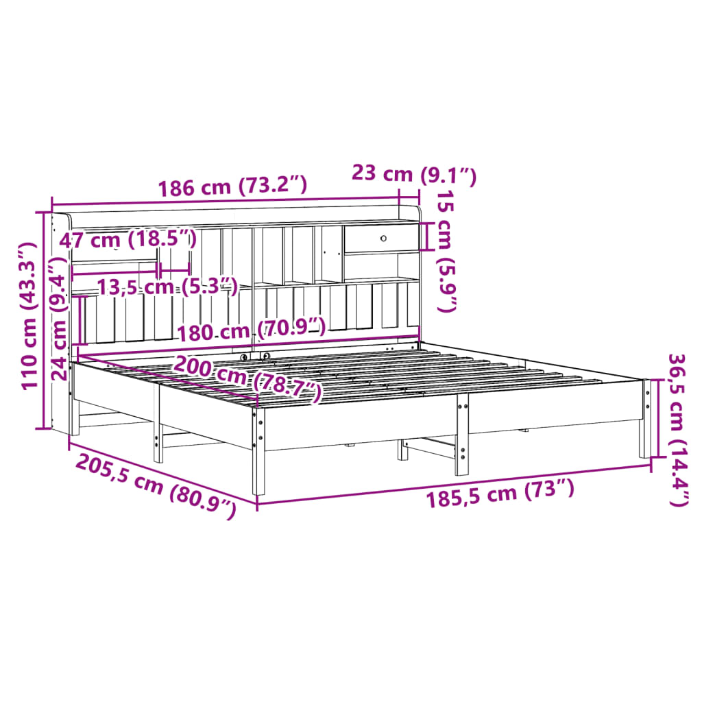 Lit bibliothèque sans matelas blanc 180x200 cm bois pin massif - XIOS