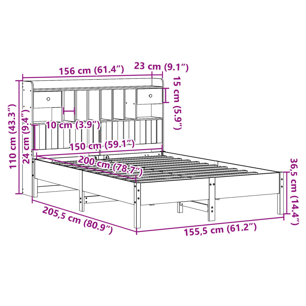 Lit bibliothèque sans matelas cire marron 150x200 cm pin massif - XIOS