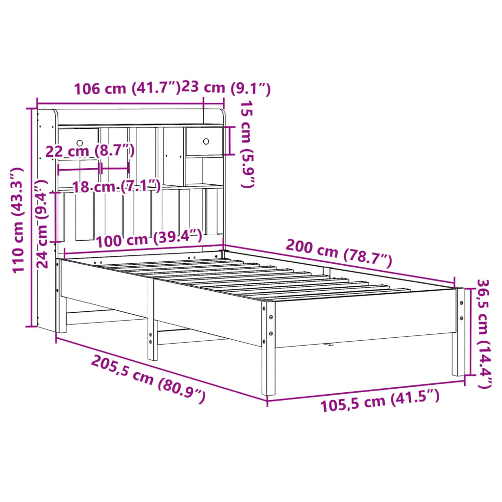 Lit bibliothèque sans matelas cire marron 100x200 cm pin massif - XIOS