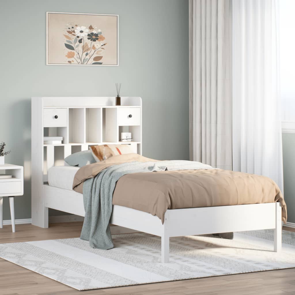 Lit bibliothèque sans matelas blanc 90x190cm bois de pin massif - XIOS