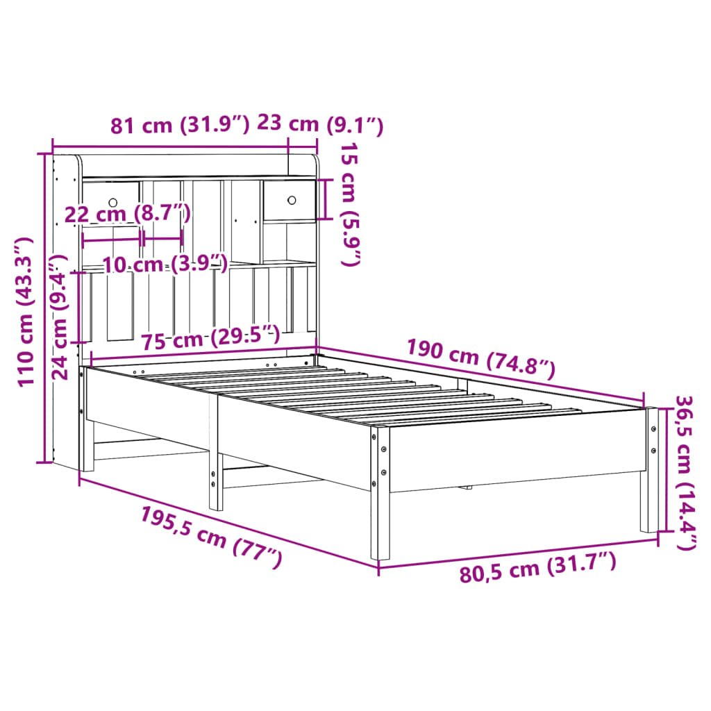 Lit bibliothèque sans matelas blanc 75x190cm bois de pin massif - XIOS