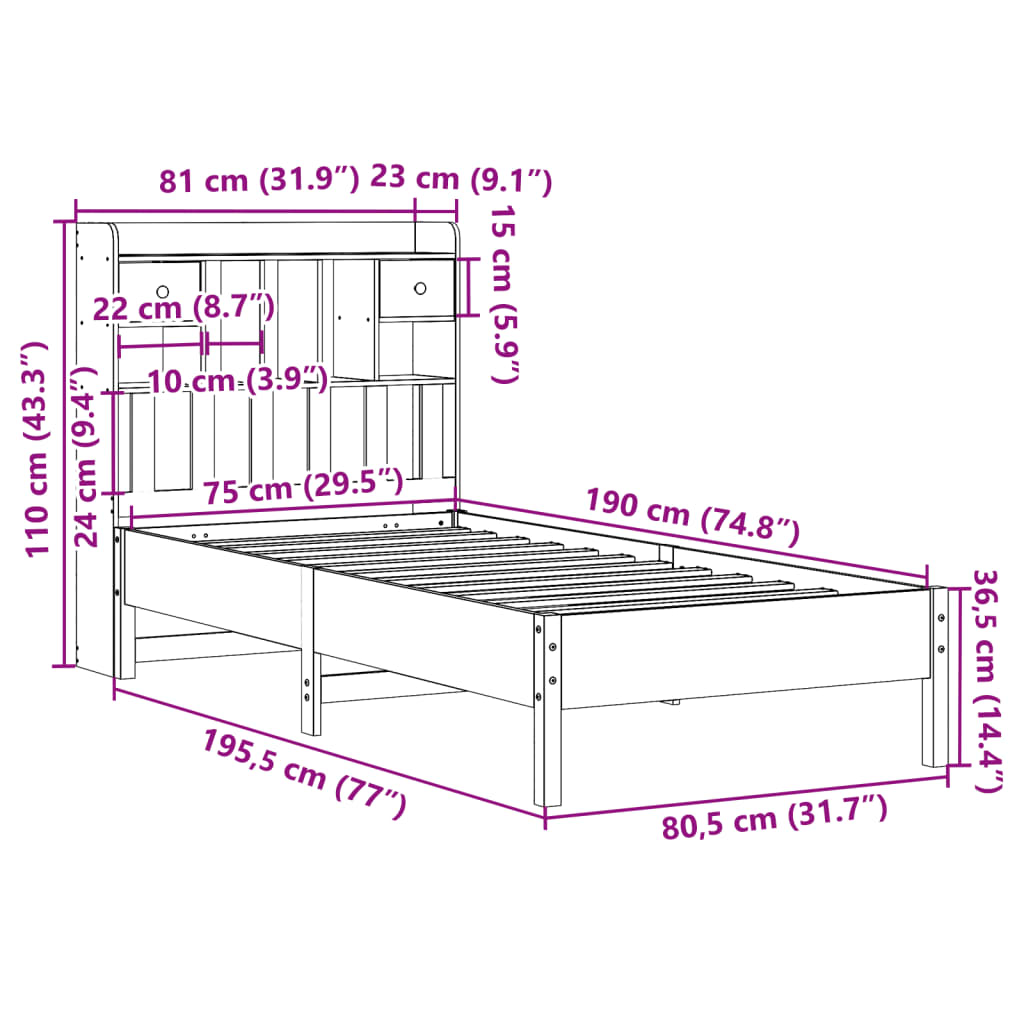 Lit bibliothèque sans matelas cire marron 75x190 cm pin massif - XIOS