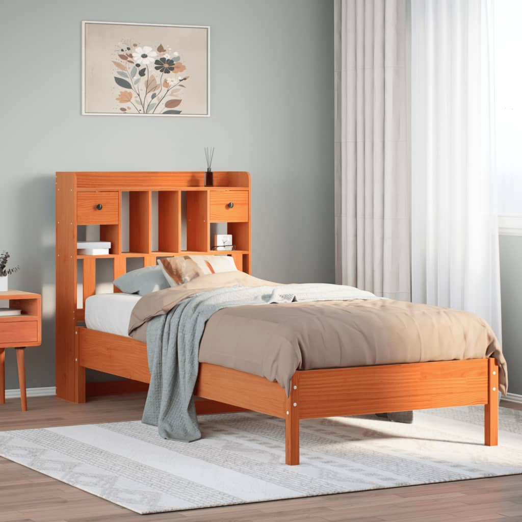 Lit bibliothèque sans matelas cire marron 75x190 cm pin massif - XIOS