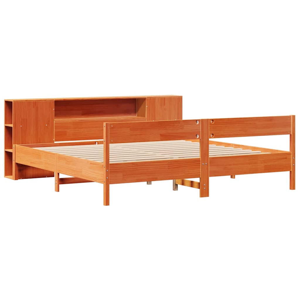 Lit bibliothèque sans matelas cire marron 200x200 cm pin massif