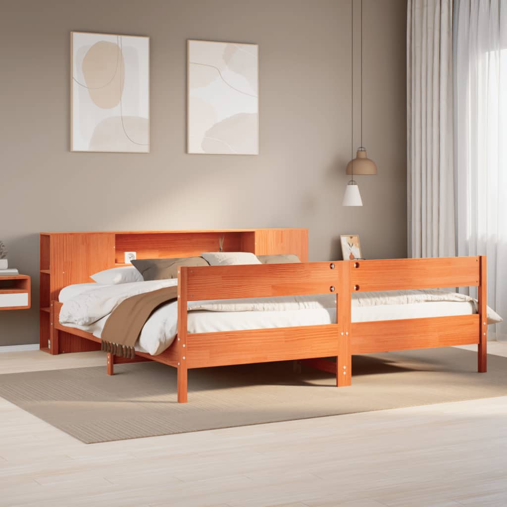 Lit bibliothèque sans matelas cire marron 180x200 cm pin massif - XIOS