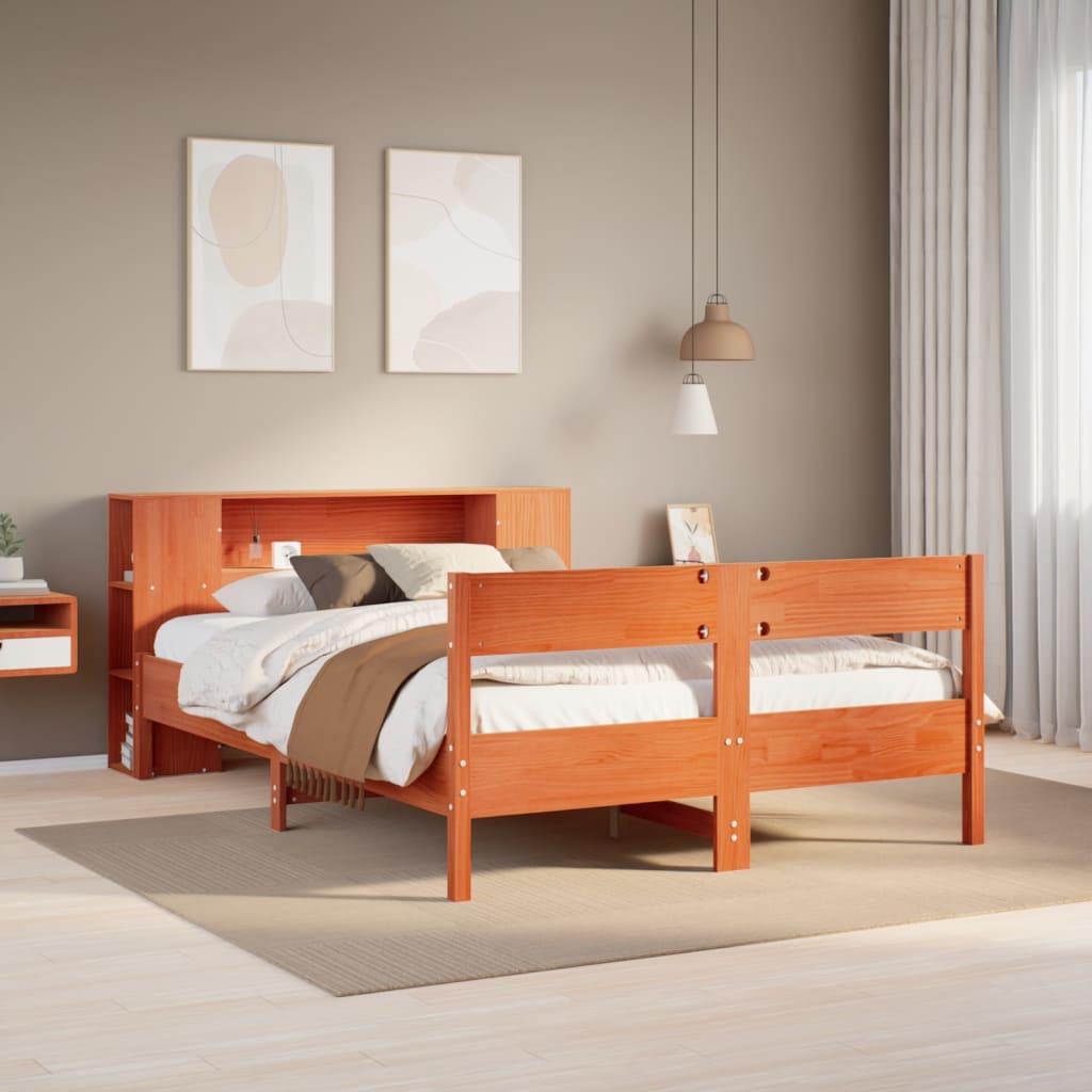 Lit bibliothèque sans matelas cire marron 140x190 cm pin massif - XIOS