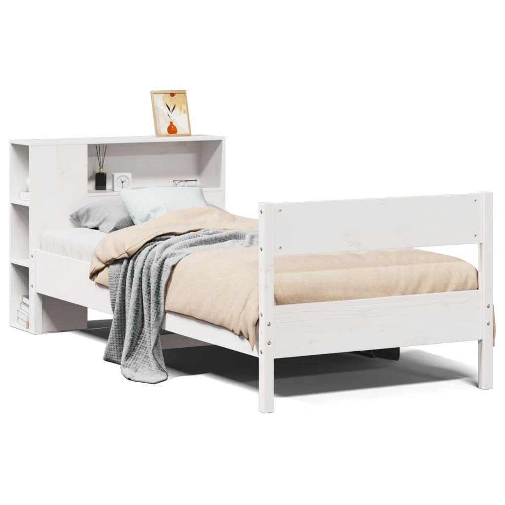 Lit bibliothèque sans matelas blanc 90x190cm bois de pin massif - XIOS