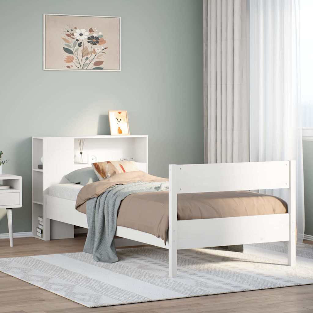 Lit bibliothèque sans matelas blanc 75x190cm bois de pin massif - XIOS