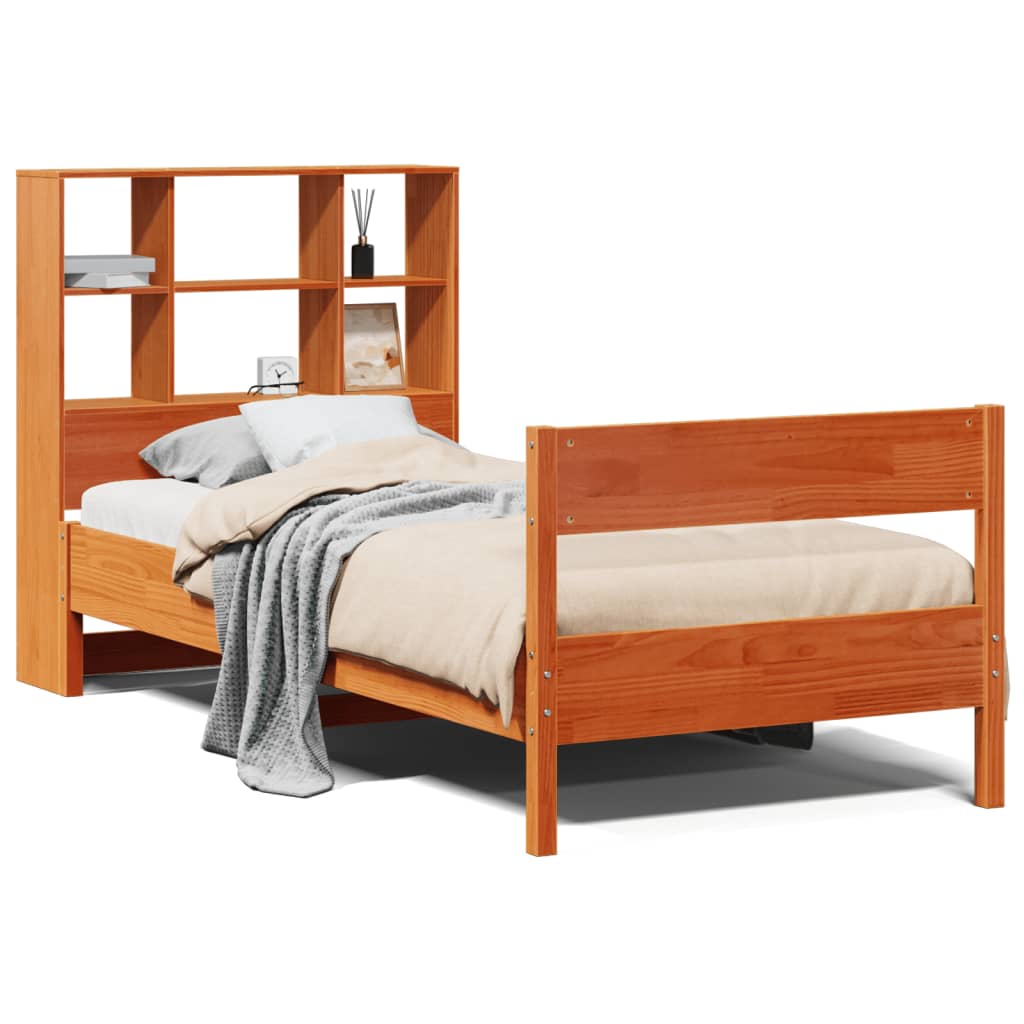 Lit bibliothèque sans matelas cire marron 90x190 cm pin massif - XIOS