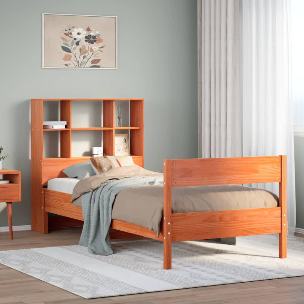 Lit bibliothèque sans matelas cire marron 75x190 cm pin massif - XIOS