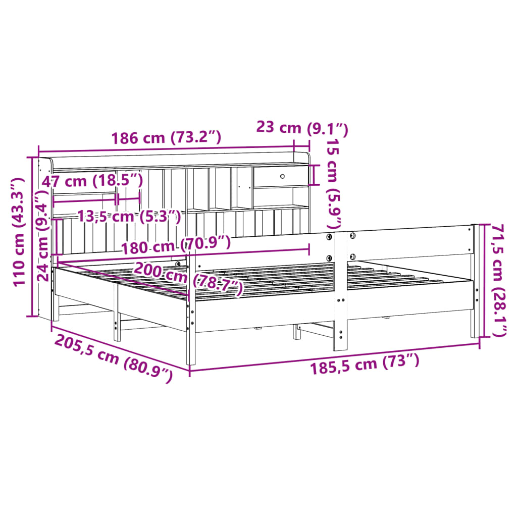 Lit bibliothèque sans matelas blanc 180x200 cm bois pin massif - XIOS